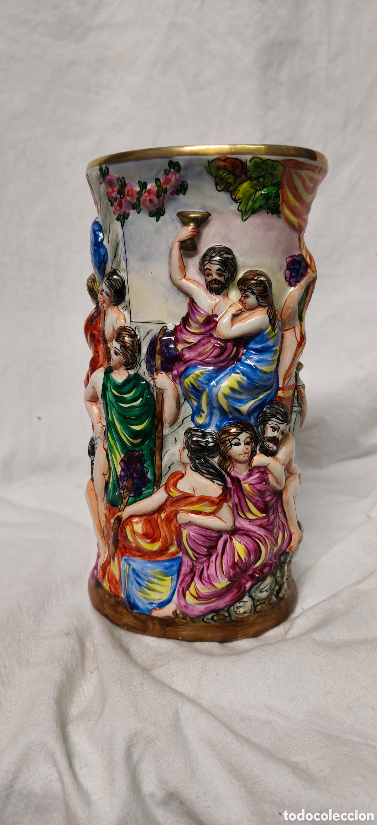 Antig&uuml;edades: Magn&iacute;fico Jarr&oacute;n Florero Porcelana J. M. &Aacute;LVAREZ - Estilo Capodimonte - Escena Bacanal Relieve
