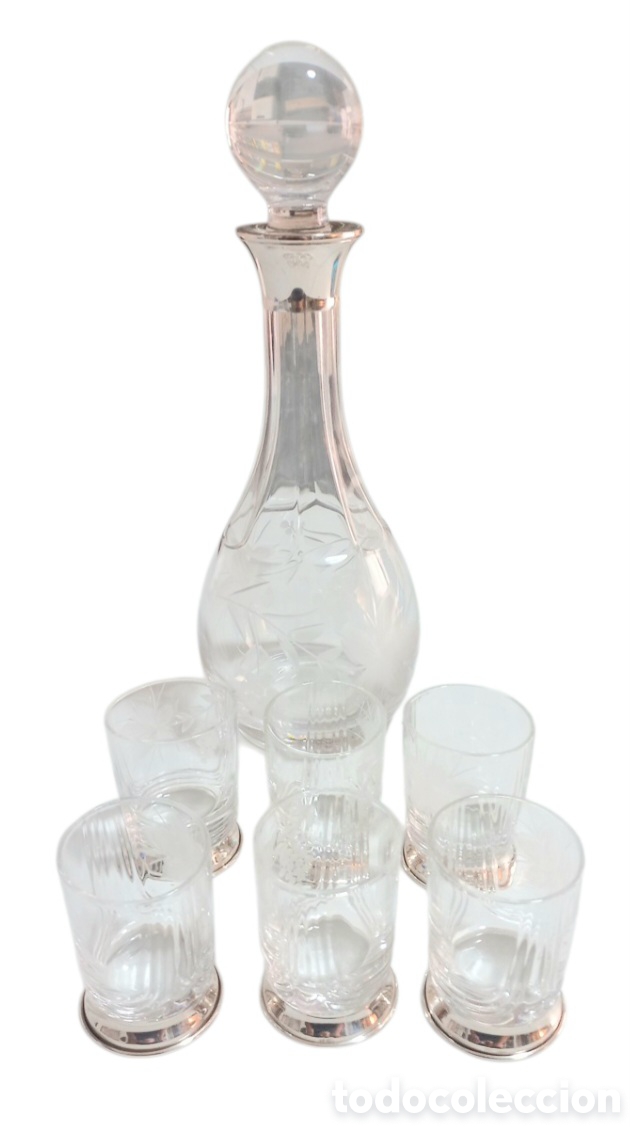 Antig&uuml;edades: LICORERA Y 6 VASOS DE CRISTAL TALLADO Y PLATA 925