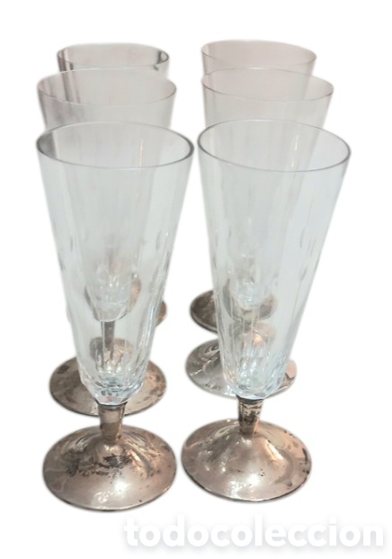 Antig&uuml;edades: JUEGO 6 COPAS DE CAVA TIPO FLAUTA TULIPA DE CRISTAL TALLADO CON BASE DE PLATA PUNZONADO