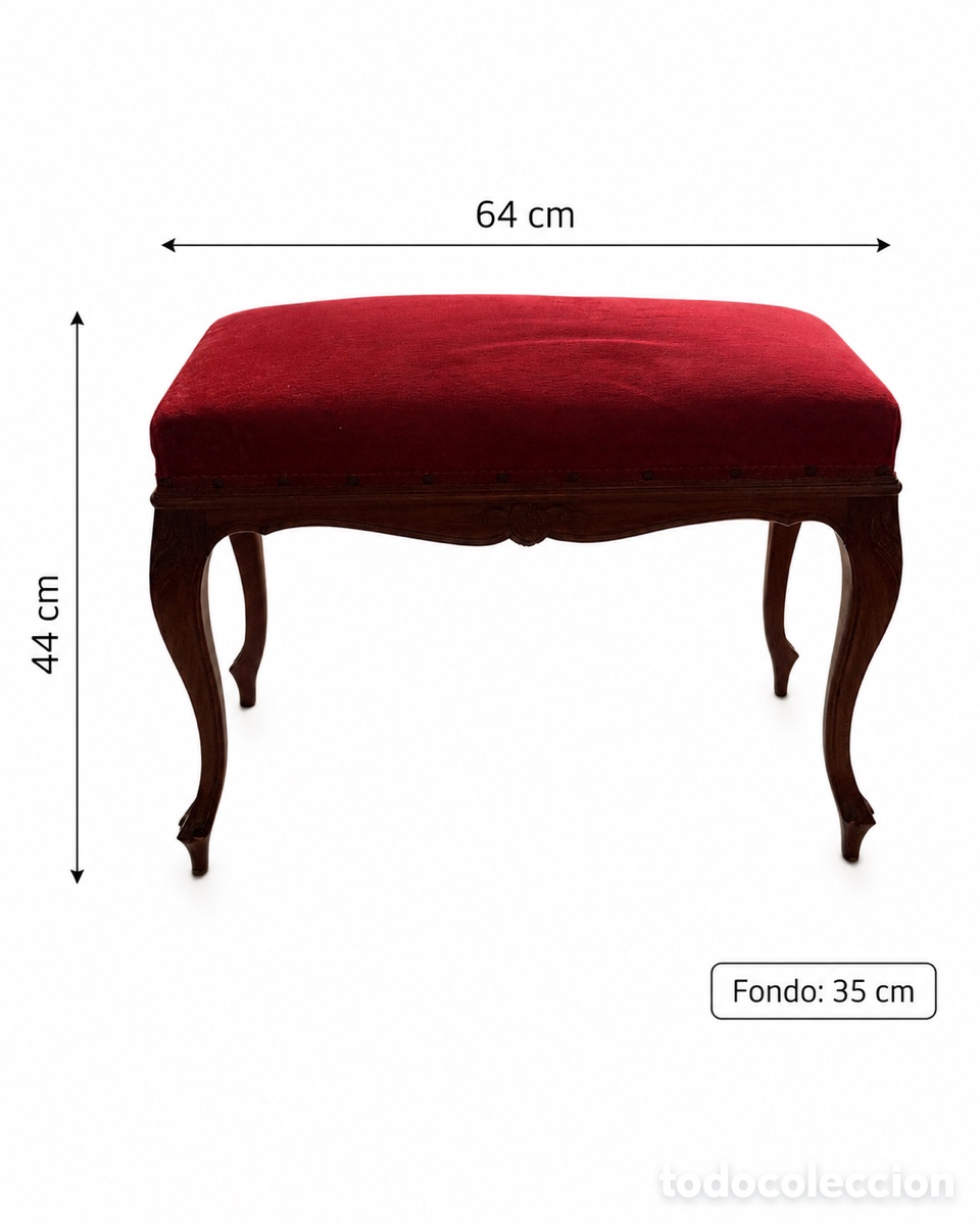 Antig&uuml;edades: Banqueta descalzadora estilo Luis XV en madera tallada y terciopelo rojo