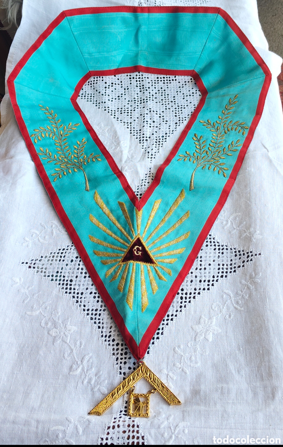 Antig&uuml;edades: Collar Mas&oacute;nico Vintage Bordado con Joya - Escuadra Past Master