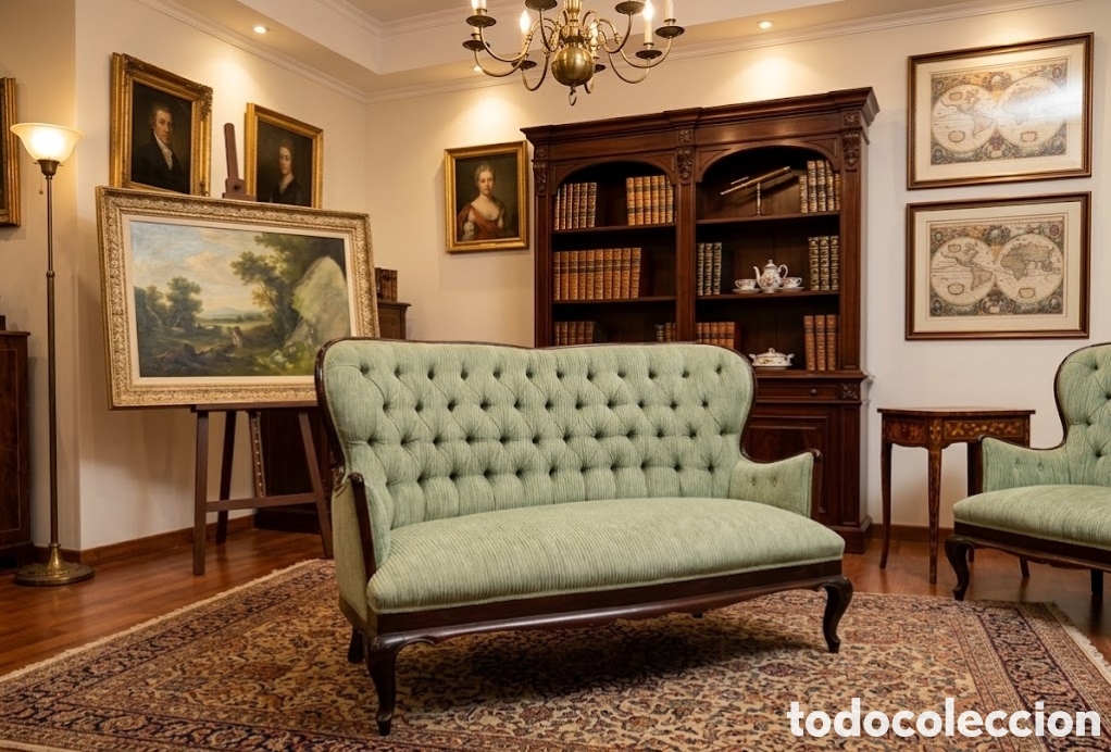 Antig&uuml;edades: Magn&iacute;fico tresillo de caoba con capitone
