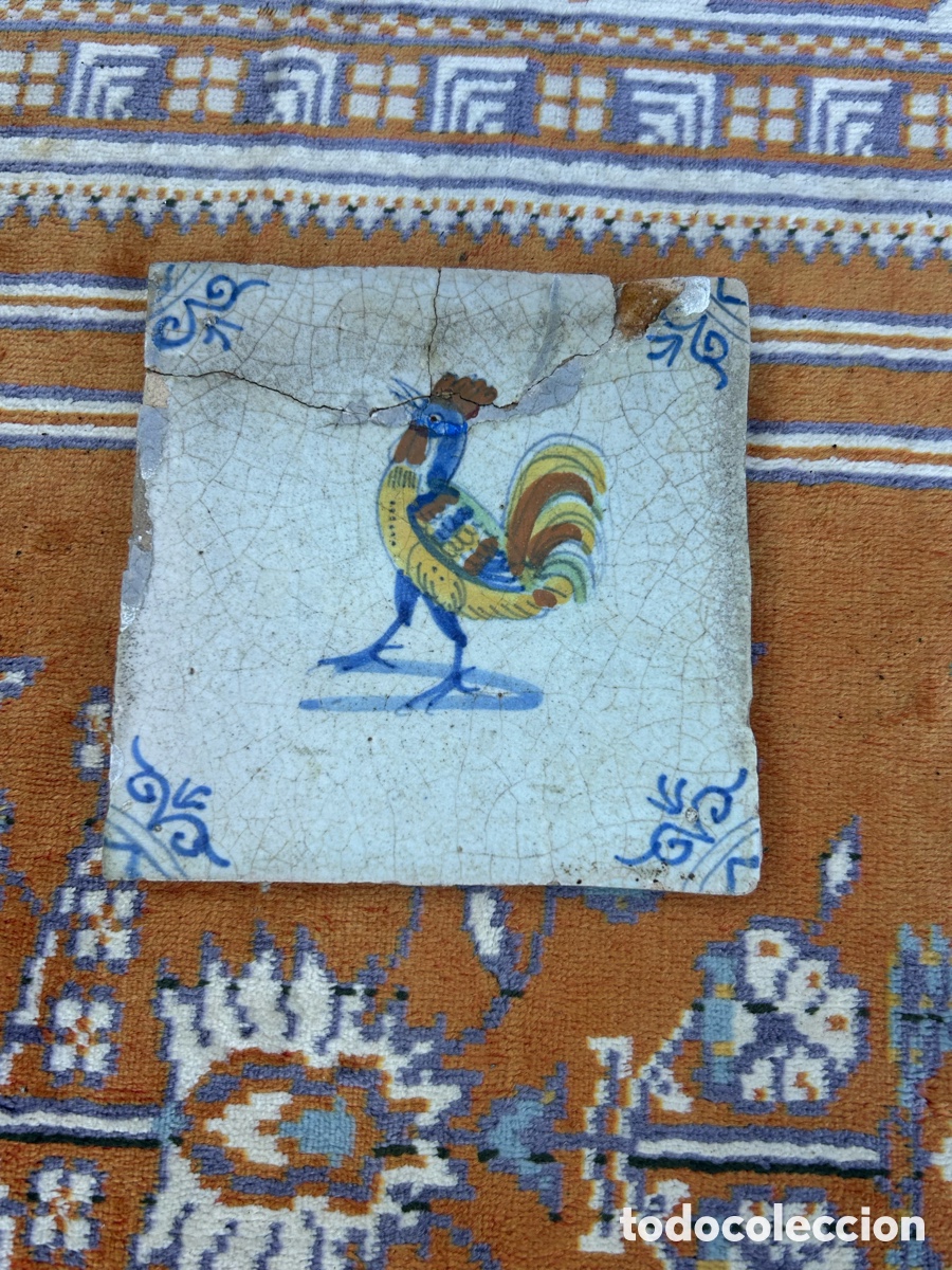 Antig&uuml;edades: azulejo antiguo de cer&aacute;mica policromada -gallo 1600