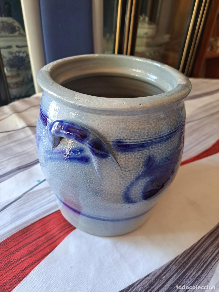 Antig&uuml;edades: antigua orza de gres, decorada en gris y azul. para conservas. - Foto 7