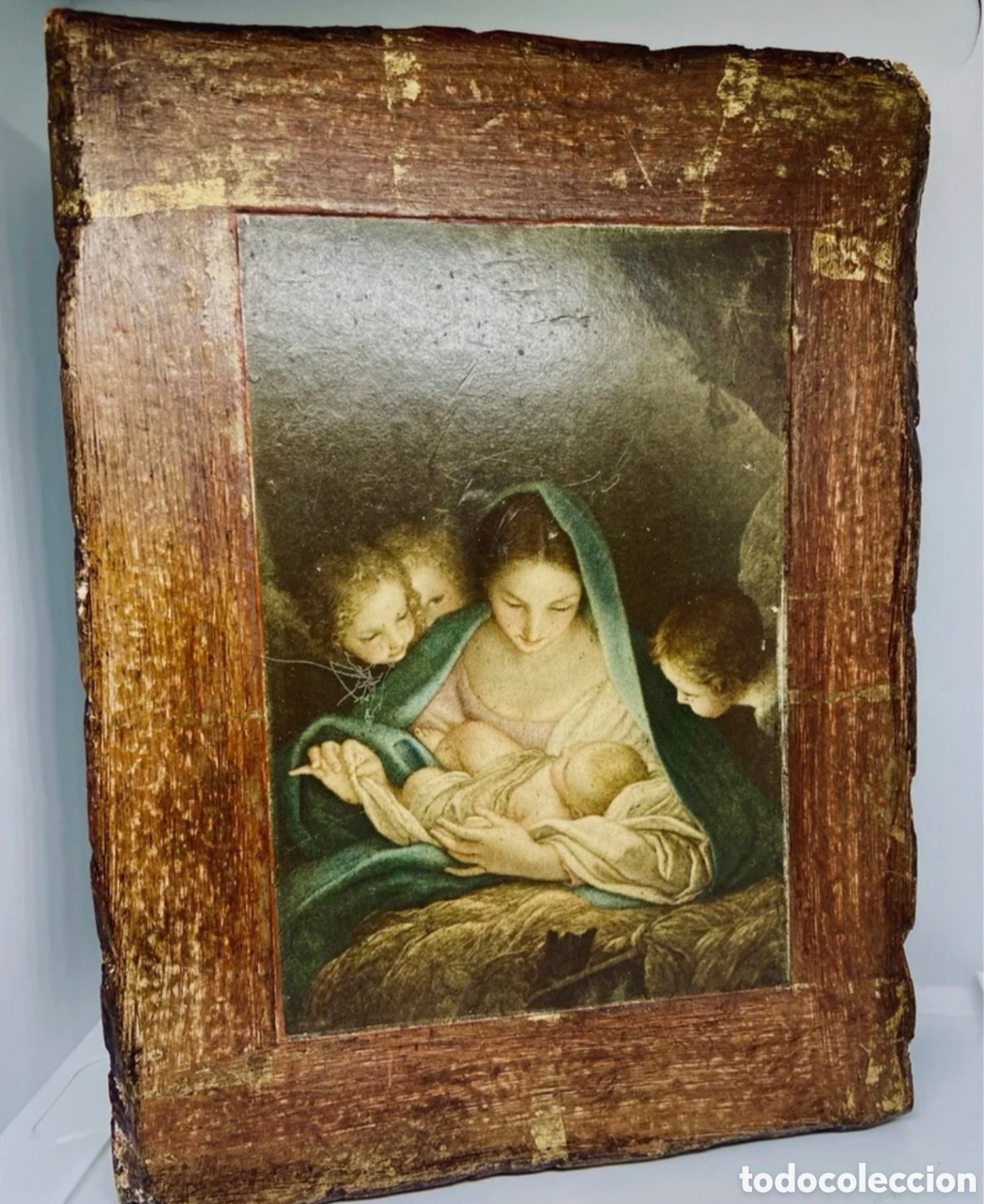 Antig&uuml;edades: Antigua L&aacute;mina Religiosa V&iacute;rgen con Ni&ntilde;o Jes&uacute;s y &Aacute;ngeles &ndash; Marco Antiguo de Madera