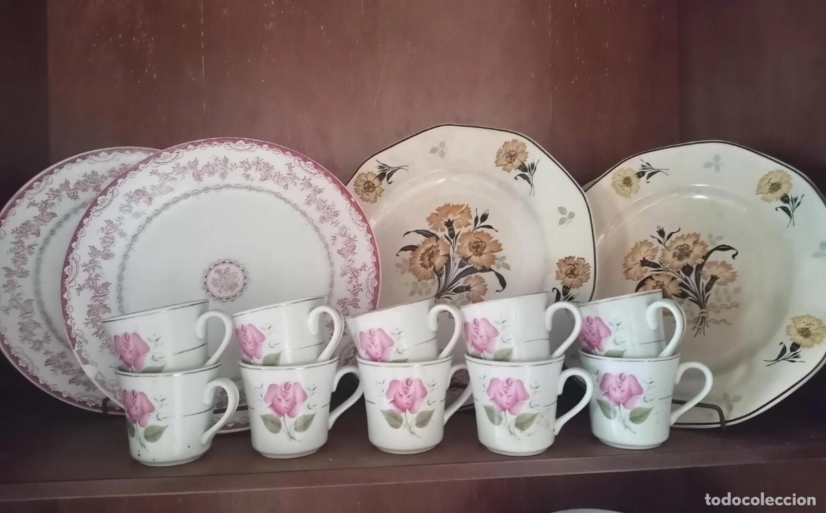Antig&uuml;edades: Juego 4 platos y 10 tacitas porcelana y cerm&aacute;mica