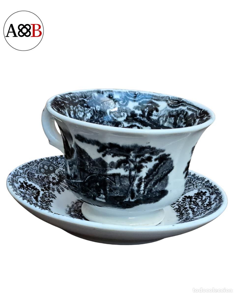 Oggetti Antichi: Taza y plato La Cartuja de Sevilla Pickman paisaje negro