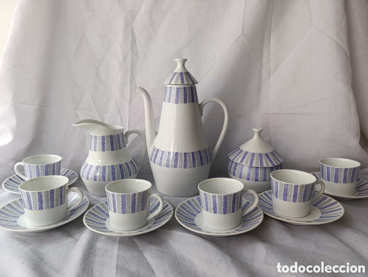 Antig&uuml;edades: Juego de caf&eacute; CASTRO - 6 servicios. A&ntilde;os 50 / 60. Decoraci&oacute;n geom&eacute;trica en tonos azul y gris