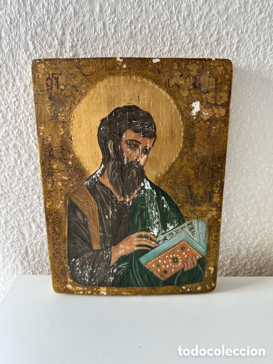 Antig&uuml;edades: Antiguo icono ortodoxo de San Pablo pintado sobre madera, siglo XIX