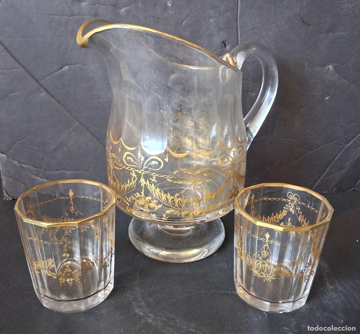 Antig&uuml;edades: Jarra y 2 vasos de cristal aleman antiguo