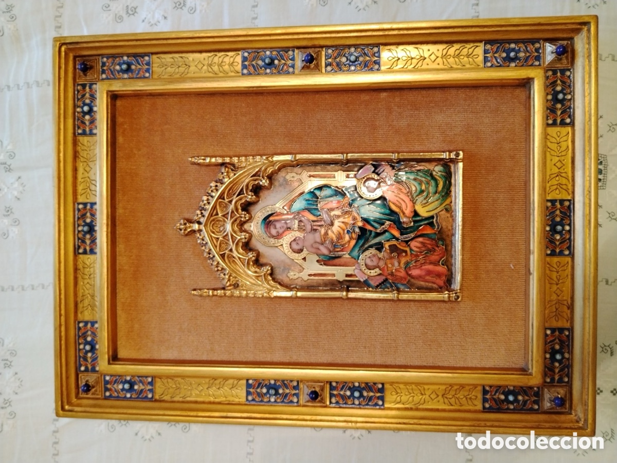 Antig&uuml;edades: MODEST MORAT&Oacute; OJER - Virgen con Ni&ntilde;o - esmalte al fuego sobre metal, marco dorado