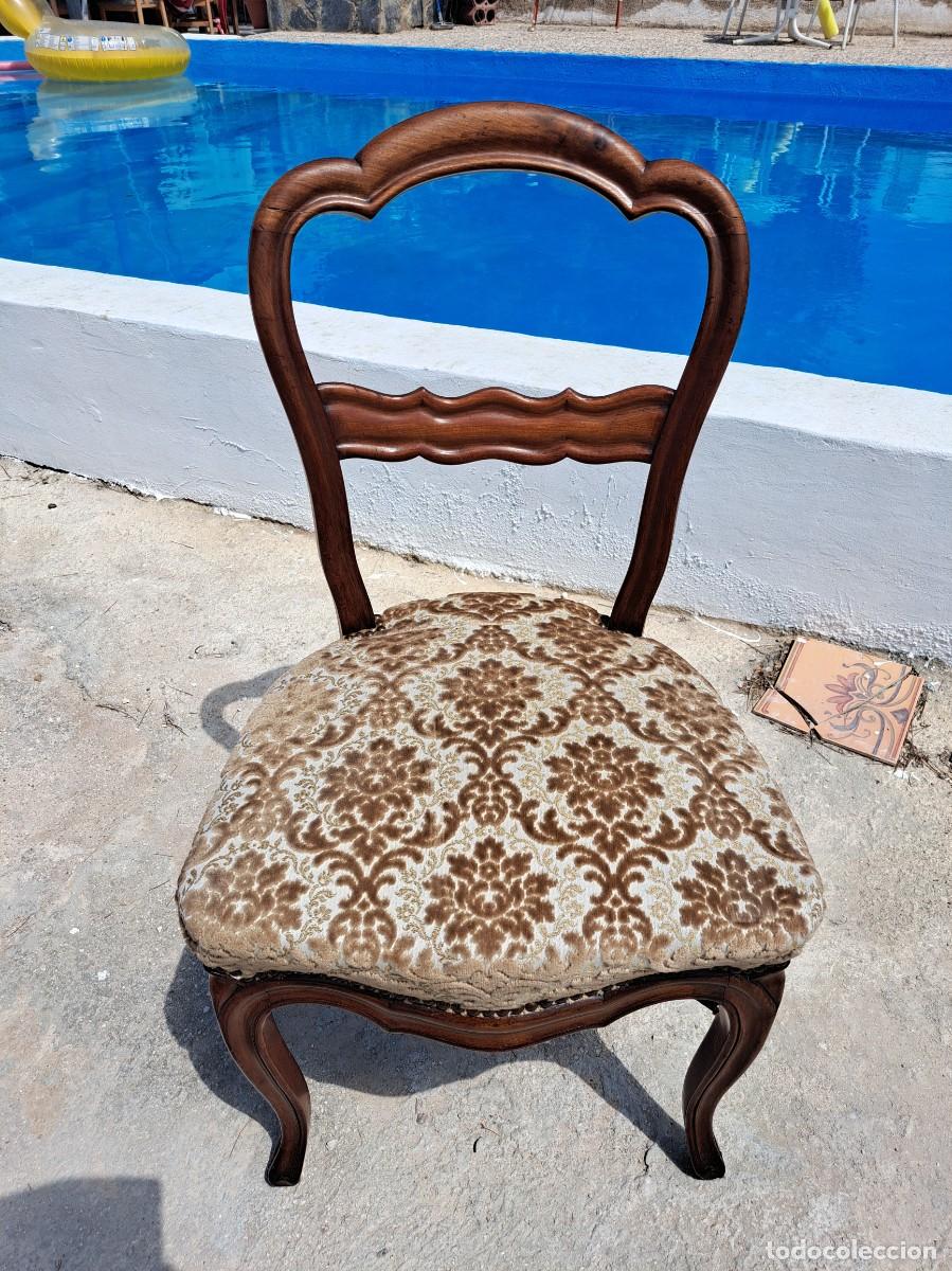 Antig&uuml;edades: Silla Isabelina de madera de roble, tapizado estampado damasco de principios del siglo XX