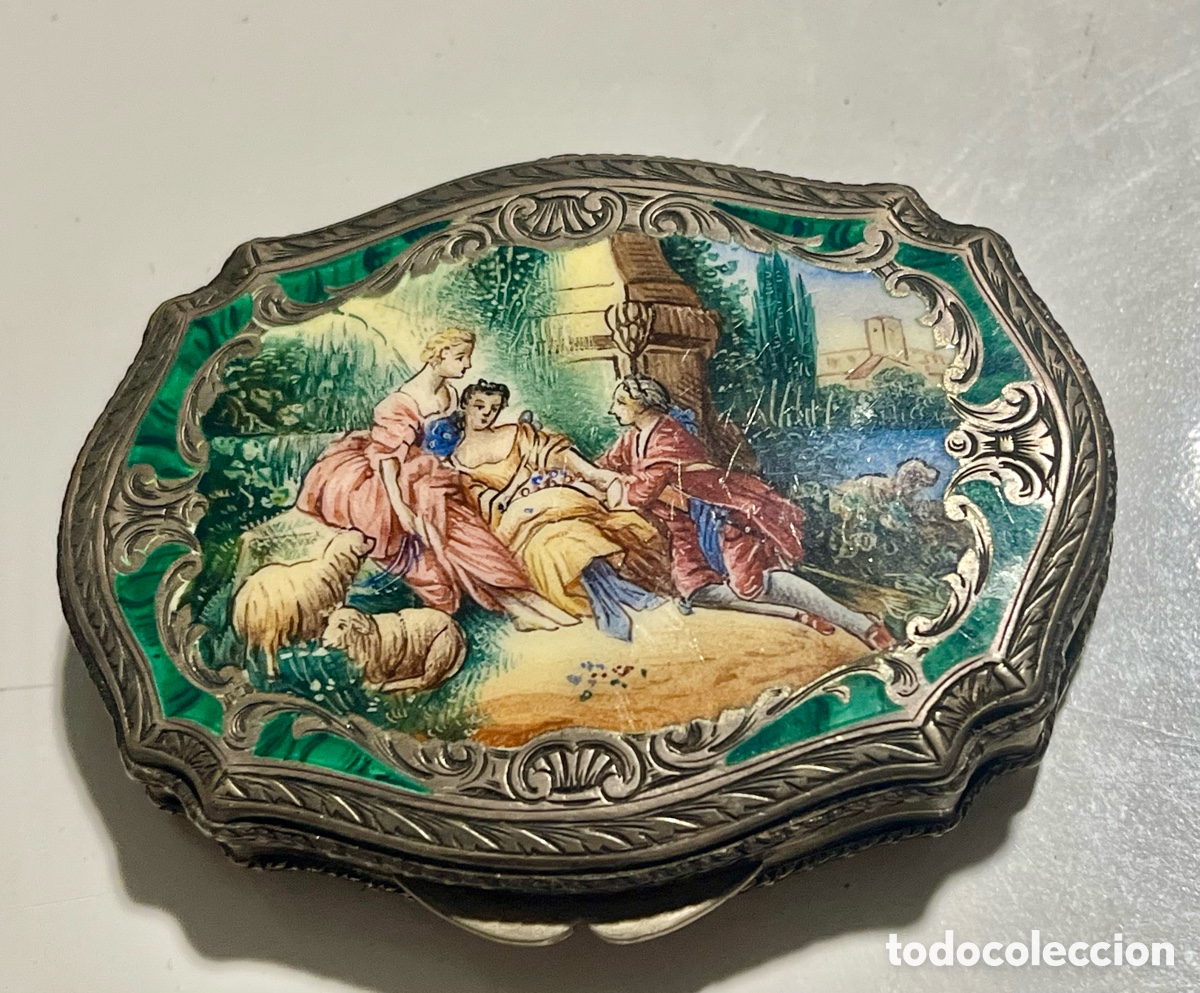Antig&uuml;edades: polvera vintage de plata con esmalte guilloch&eacute; A Risalti Firenze incrustaciones pintadas a mano,