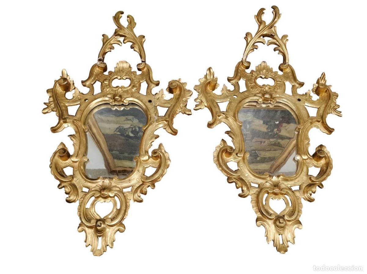 Antig&uuml;edades: PAREJA DE ANTIGUOS ESPEJOS CORNUCOPIA DE ESTILO LUIS XVI. MADERA DORADA. ESPA&Ntilde;A. SIGLO XVIII.