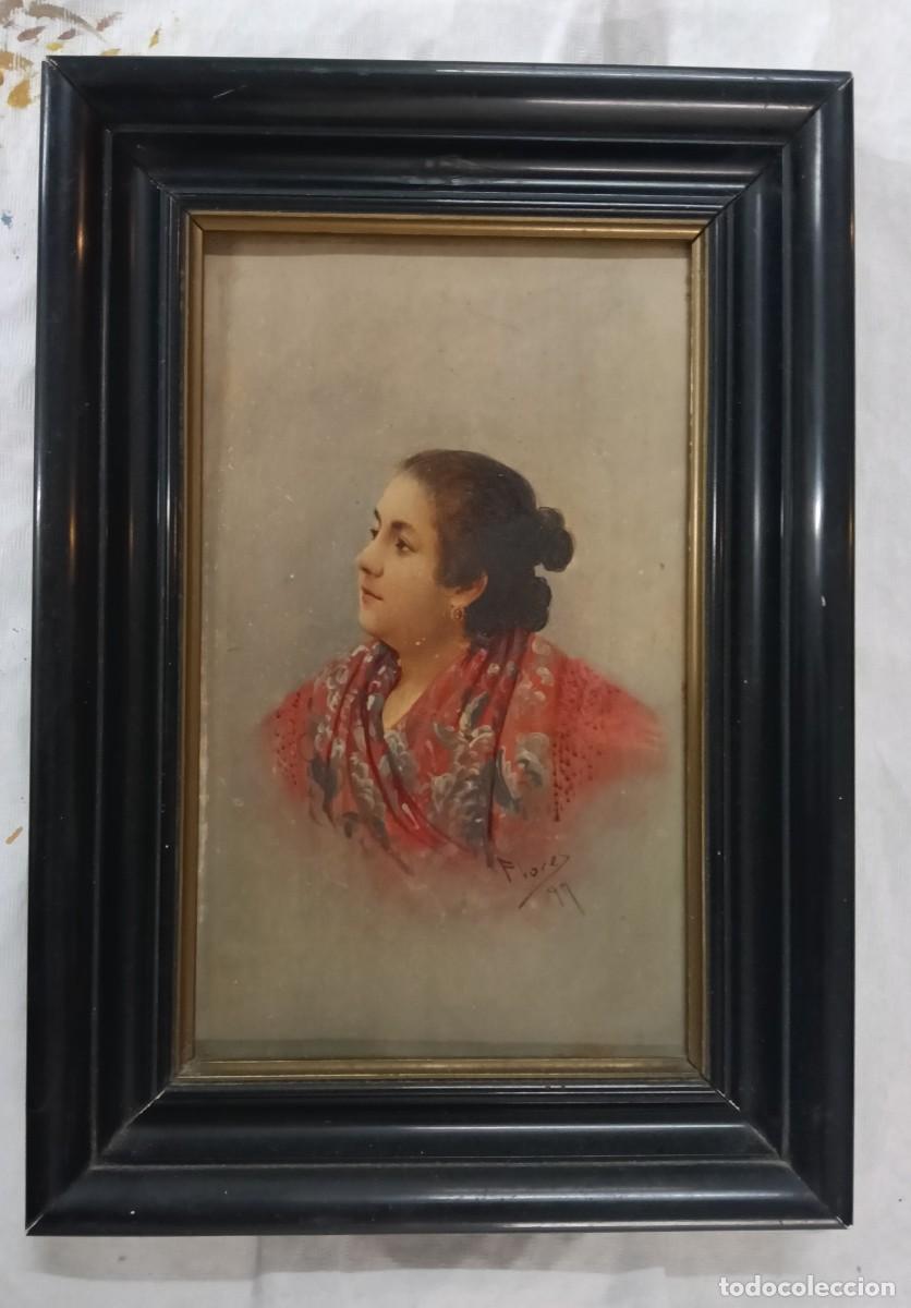 Antig&uuml;edades: Tabla retrato mujer firmado flores