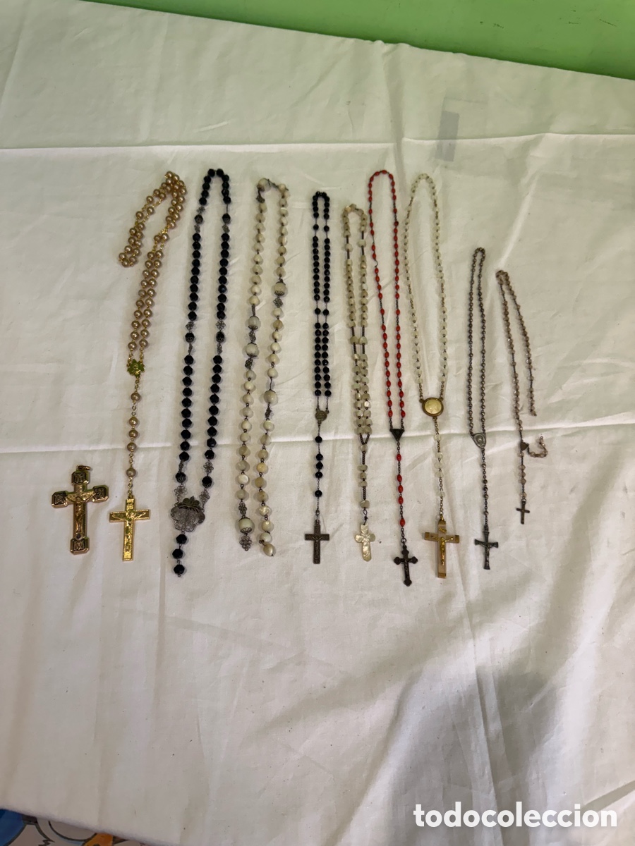 Oggetti Antichi: lote de 9 rosarios antiguos y 1 cruz suelta &ndash; azabache aut&eacute;ntico,n&aacute;car y siglo XIX. XX
