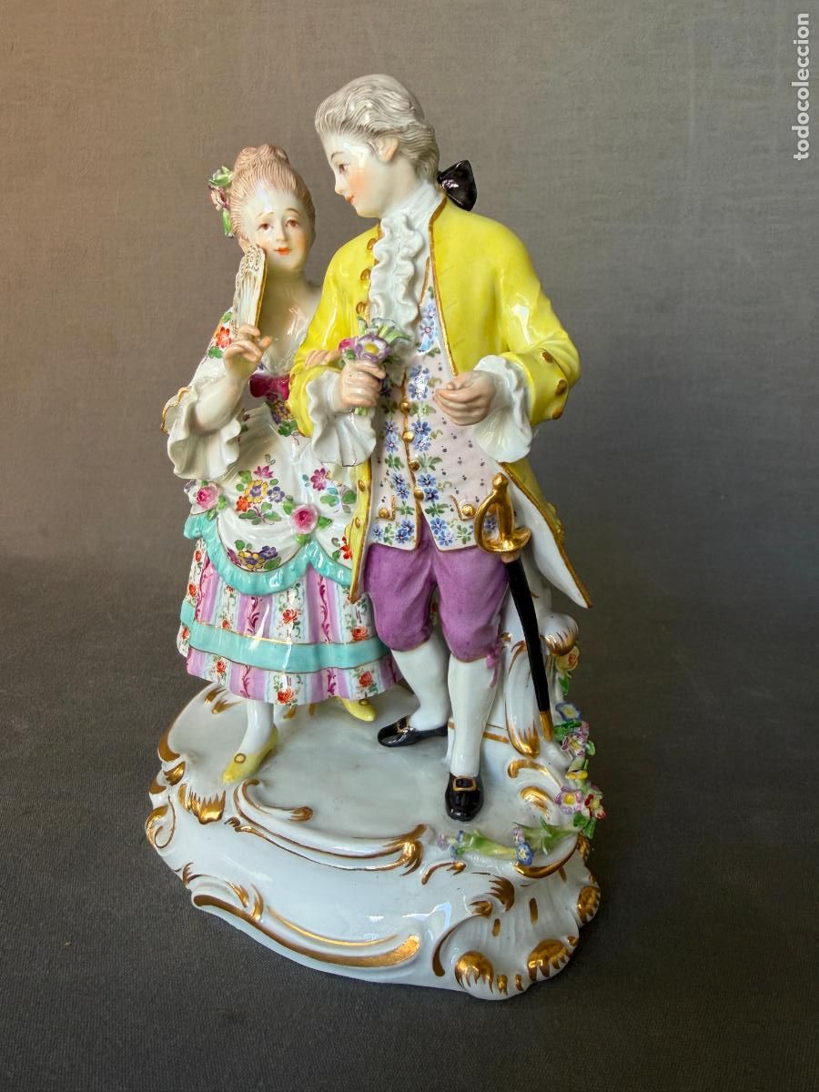 Antig&uuml;edades: Meissen &ndash; Pareja galante rococ&oacute; O158 &ndash; August Ringler &ndash; Porcelana policromada, ca. 1890 ,R793