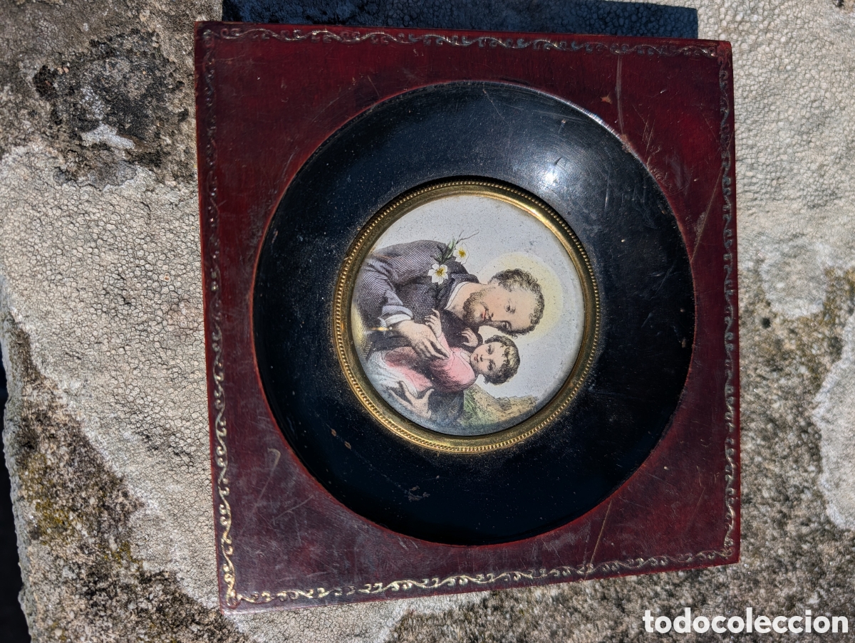 Antig&uuml;edades: Cuadro Miniatura San Jos&eacute; con el Ni&ntilde;o Jes&uacute;s - Marco de Madera Maruxa Vigo