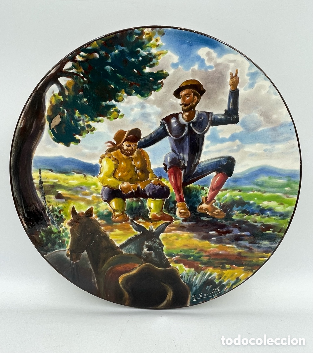 Antiquit&eacute;s: Plato de cer&aacute;mica escena El Quijote y Sancho panza. P. Zorrilla. 40 cm.