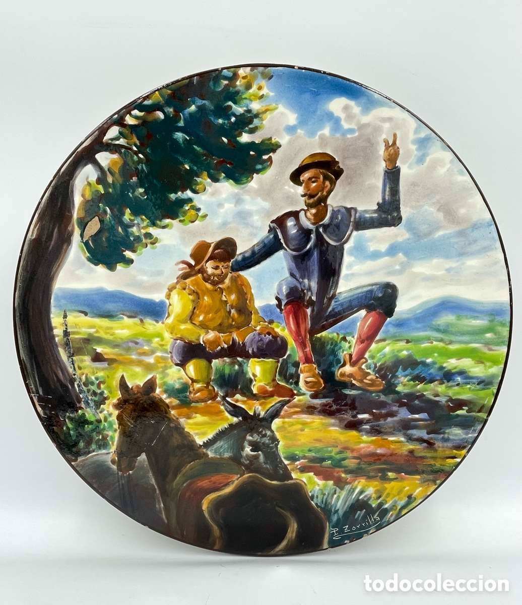 Antig&uuml;edades: Plato de cer&aacute;mica escena El Quijote y Sancho panza. P. Zorrilla. 40 cm.
