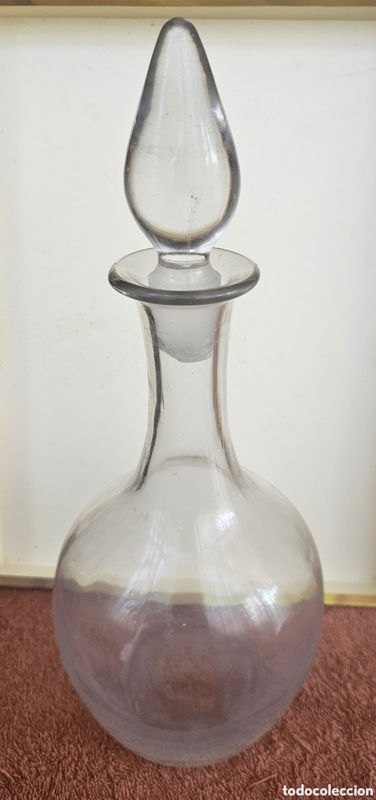 Antig&uuml;edades: Antigua Botella / Decantador de Cristal Soplado para Licor o Co&ntilde;ac con Tap&oacute;n Esmerilado - 32 cm