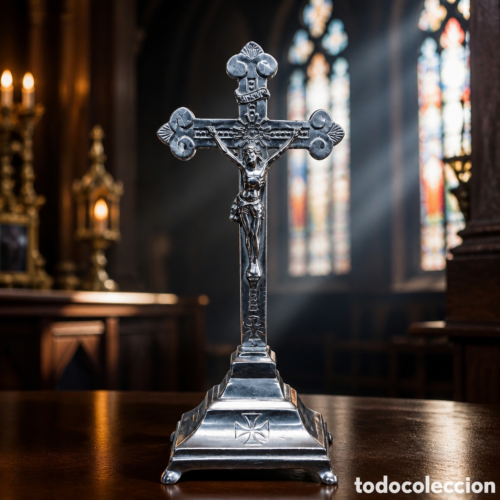 Antig&uuml;edades: ANTIGUA Y PRECIOSA CRUZ DE MESA O ALTAR . METAL PLATEADO. 19 cm alto