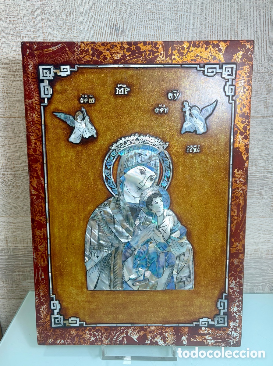 Antig&uuml;edades: Panel religioso con imagen de la Virgen en nacar