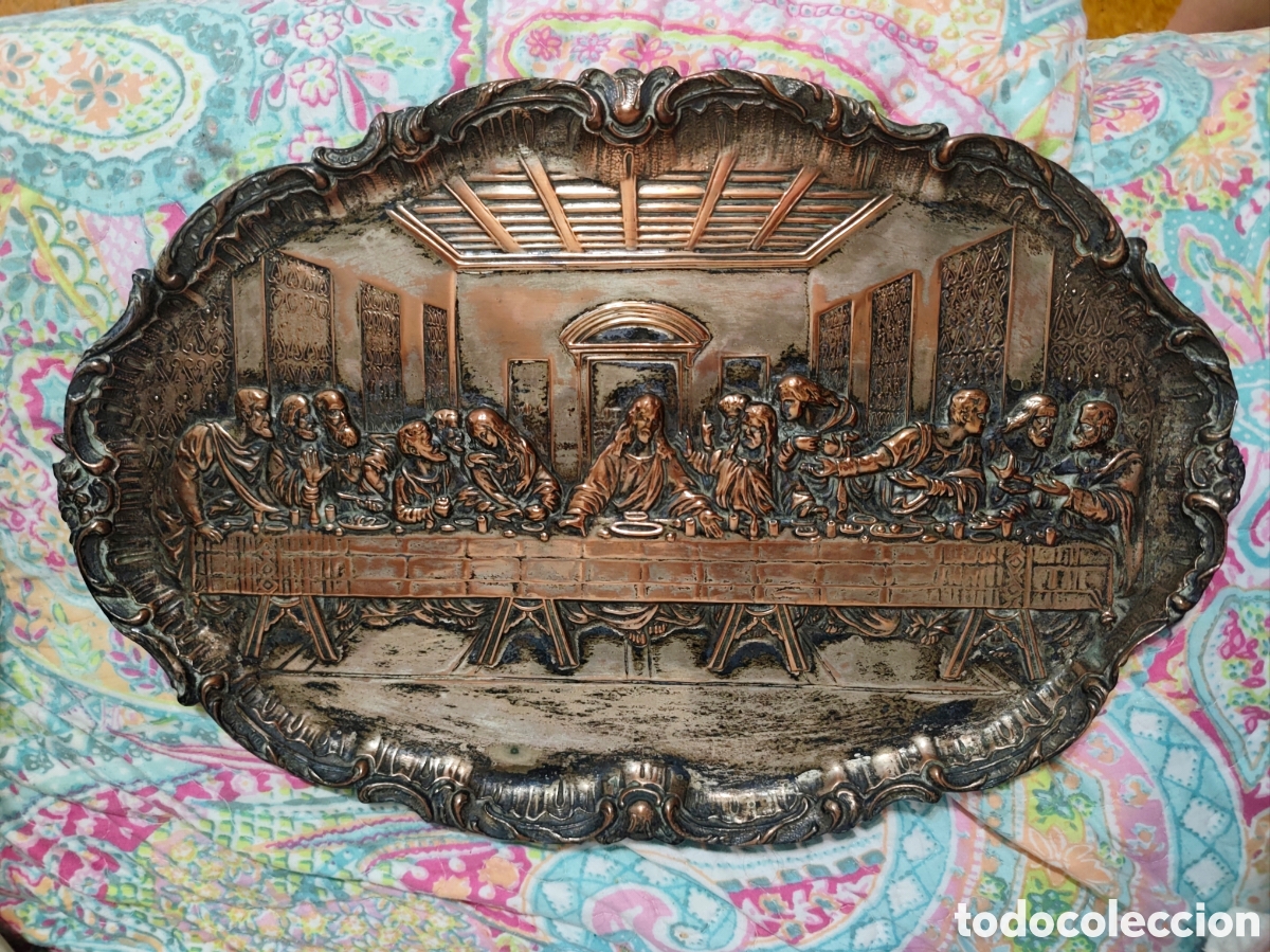 Antiquit&eacute;s: Bandeja cobre repujado &Uacute;ltima Cena. Unos 40 x 25 cm