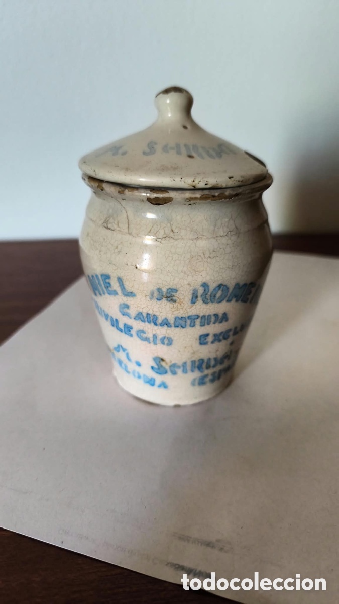 Antig&uuml;edades: Tarro de cer&agrave;mica Miel de Romero,Colmado Sard&agrave; Barcelona ,siglo XIX