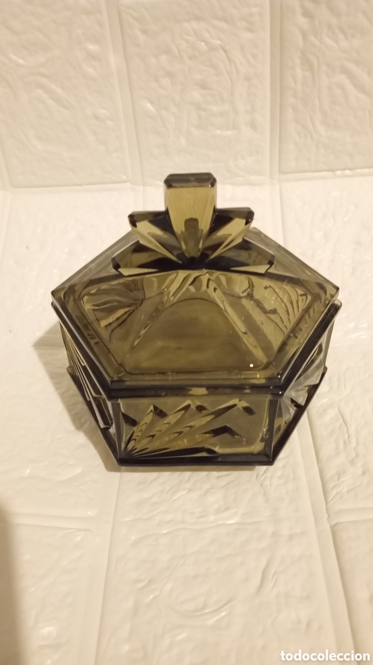 Antig&uuml;edades: Joyero vintage de cristal ahumado estilo Art D&eacute;co &ndash; Hexagonal