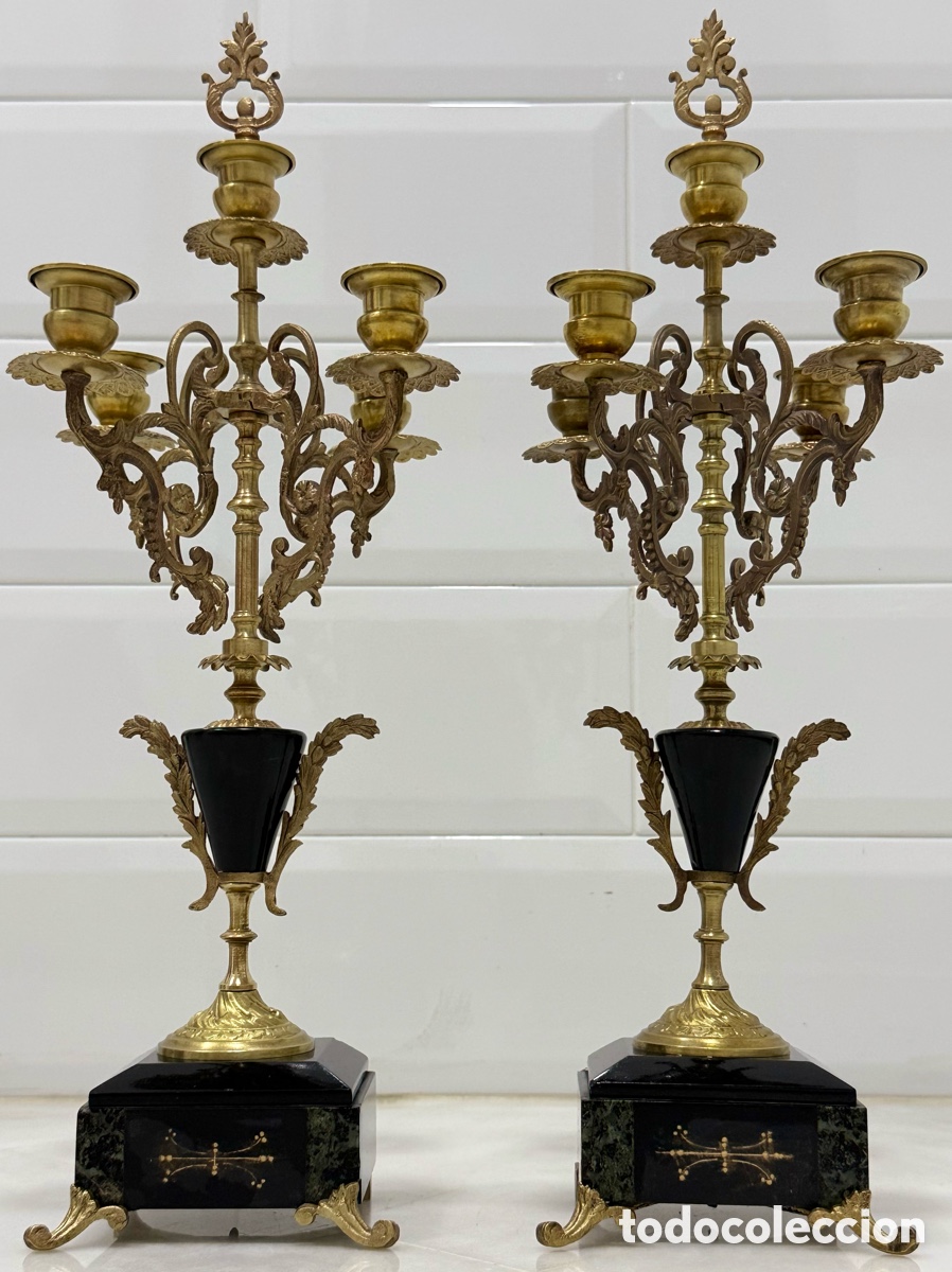 Antig&uuml;edades: ANTIGUOS CANDELABROS BRONCE M&Aacute;RMOL SIGLO XIX