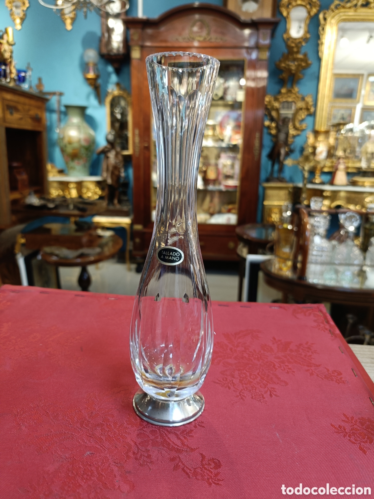 Antig&uuml;edades: FLORERO CRISTAL TALLADO CON LA BASE DE PLATA 20CM. ALTO