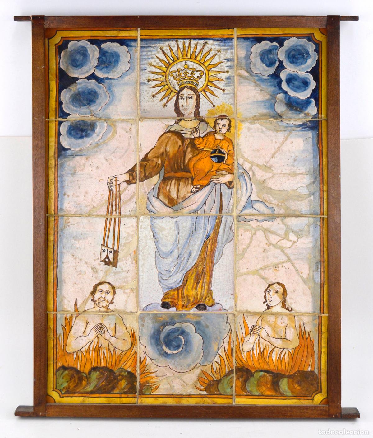Antig&uuml;edades: Virgen del Carmen con las almas del purgatorio, plaf&oacute;n de cer&aacute;mica, siglo XVIII.
