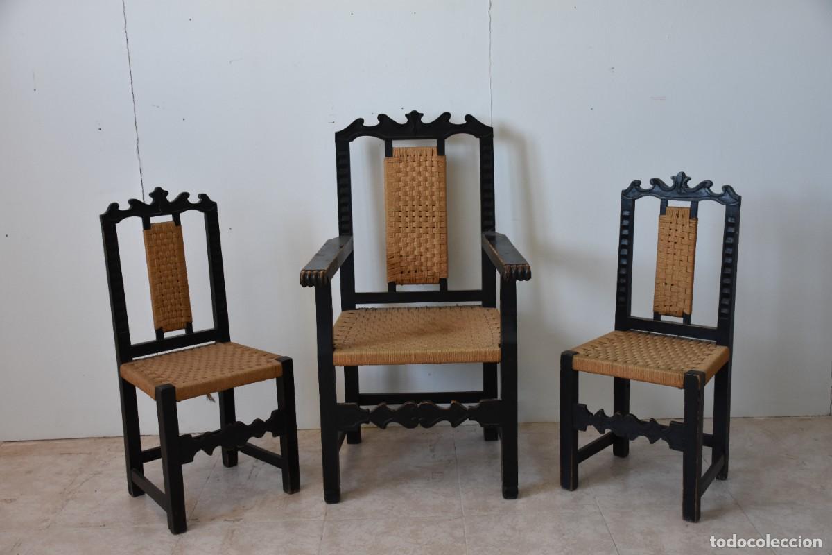 Antiquit&auml;ten: Conjunto sillon y 2 sillas asientos enea