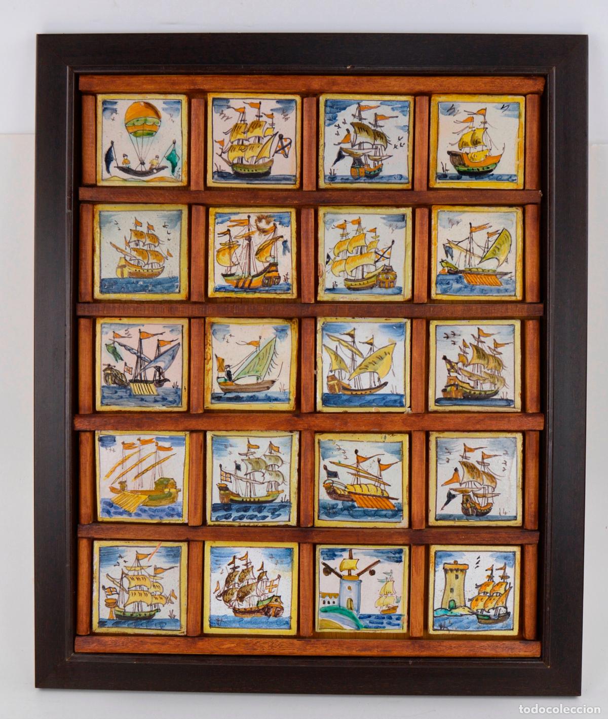 Antiguidades: Barcos, plaf&oacute;n de azulejos de cer&aacute;mica, motivo n&aacute;utico, siglo XX.