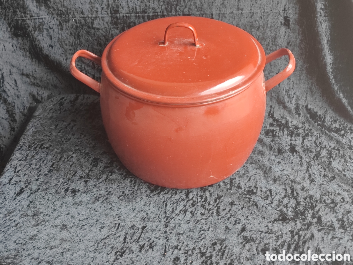 Antig&uuml;edades: ANTIGUA CACEROLA ESMALTADA AL FUEGO COLOR GRANATE - PUCHERO PELTRE OLLA GRAN TAMA&Ntilde;O