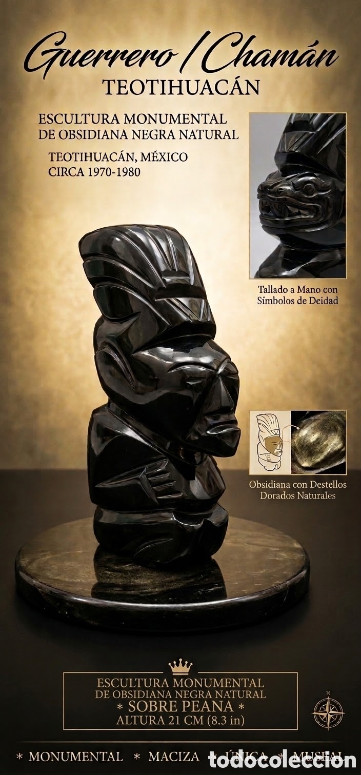 Antig&uuml;edades: Escultura Grande Guerrero Azteca / Maya en Obsidiana Negra (21 cm - 2,6 kg)