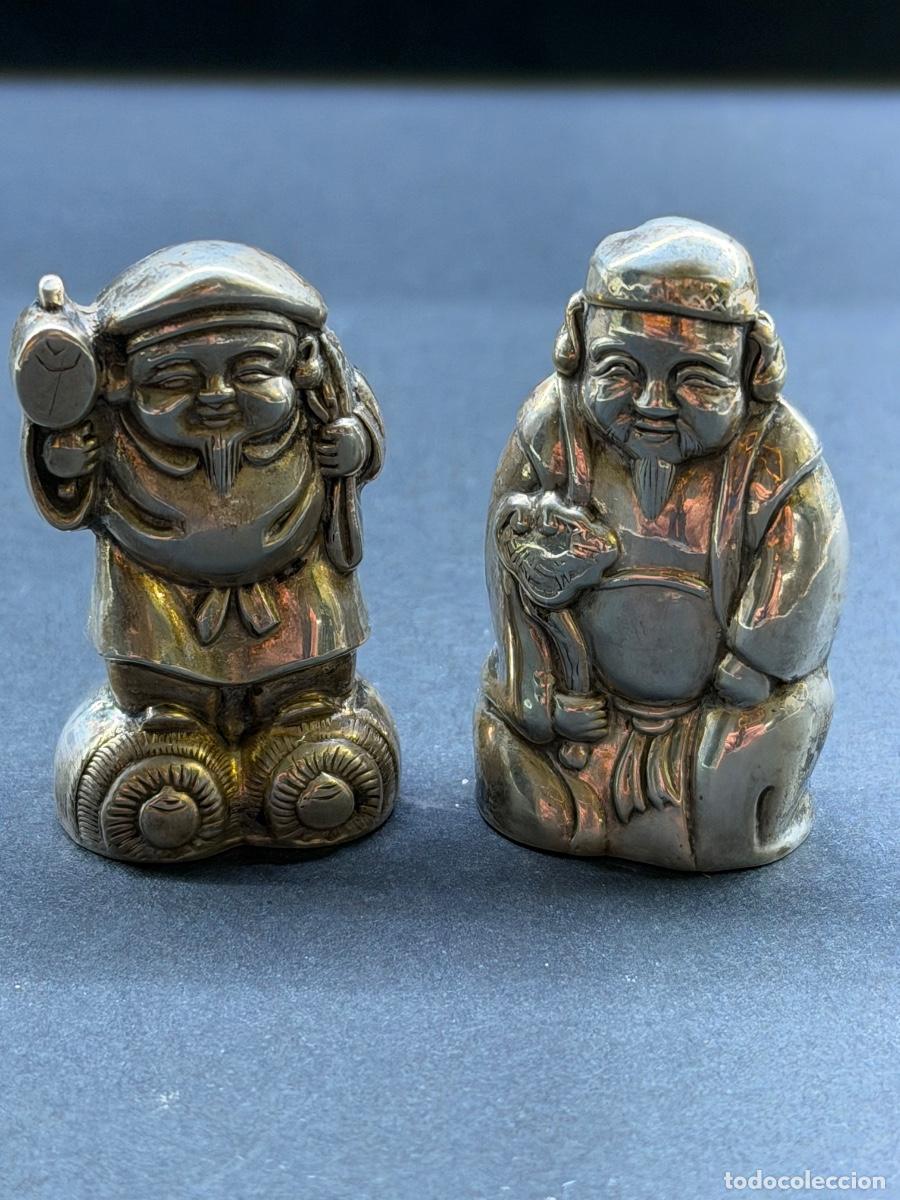 Antig&uuml;edades: PLATA CHINA STERLING 2 ANTIGUOS FRASCOS SALERO PIMENTERO EN FORMA DE FIGURAS DE SABIOS