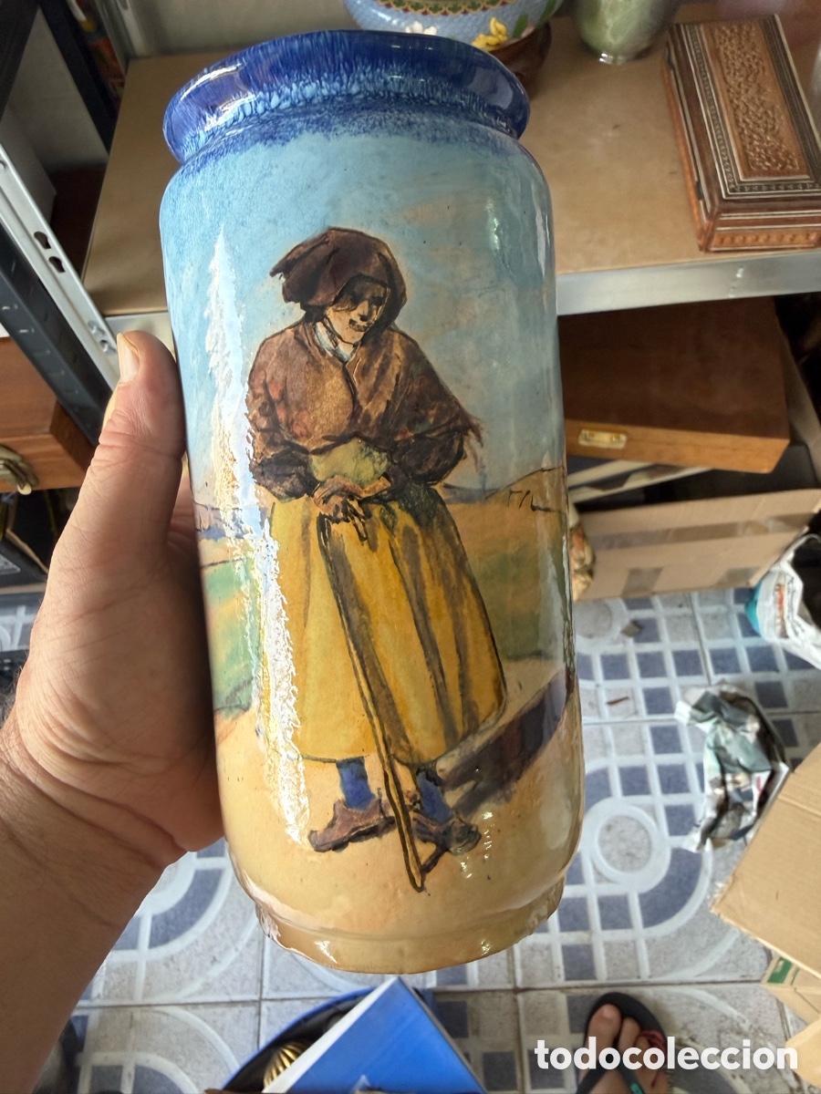 Antig&uuml;edades: Magn&iacute;fico tarro porcelana vidriada, marcajes a identificar