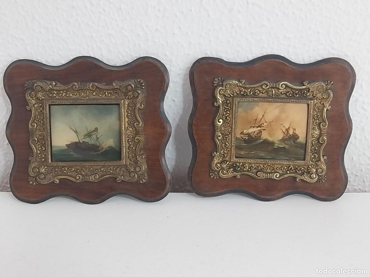 Antig&uuml;edades: Pareja antigua de cuadros con motivos marineros, 17 x 15 cm.