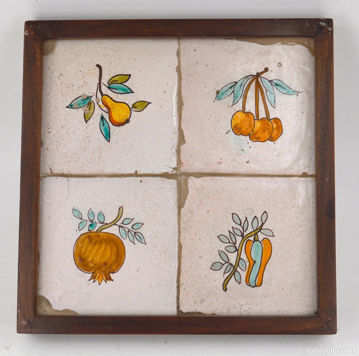 Antiques: Frutas, antiguo plaf&oacute;n de azulejos de cer&aacute;mica, siglo XIX.