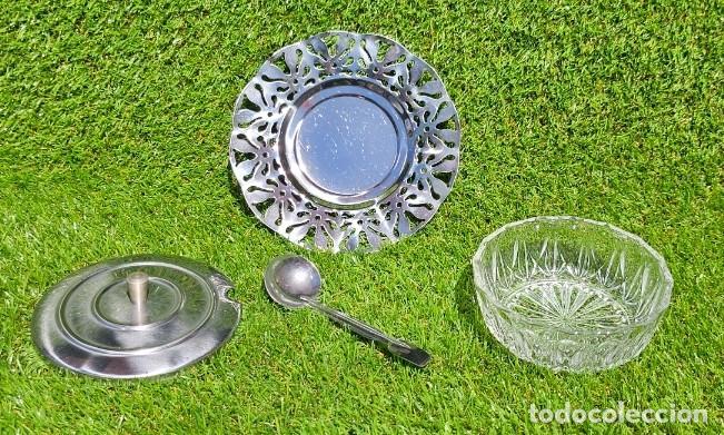 Antig&uuml;edades: Azucarero Vintage Cristal Tallado Tapa Cuchara Como nuevo &middot; Plateado y Transparente &middot; Vidrio y Metal