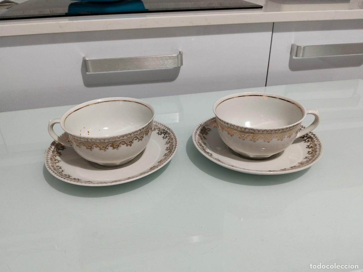 Antig&uuml;edades: Antiguo juego de desayuno &rdquo;T&uacute; y Yo&rdquo; - Royal Gij&oacute;n - Loza blanca con puntilla dorada y filo de oro