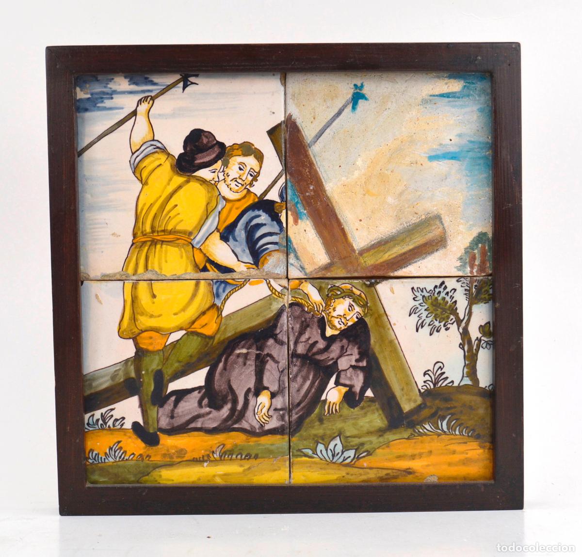 Antig&uuml;edades: Via Crucis, Jes&uacute;s con la cruz a cuestas, plaf&oacute;n de azulejos de cer&aacute;mica, finales siglo XVIII.