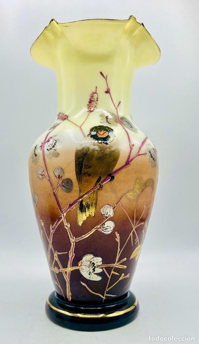 Antig&uuml;edades: JARR&Oacute;N OPALINA BOHEMIA JAPONISMO AVE PINTADA A MANO SIGLO XIX