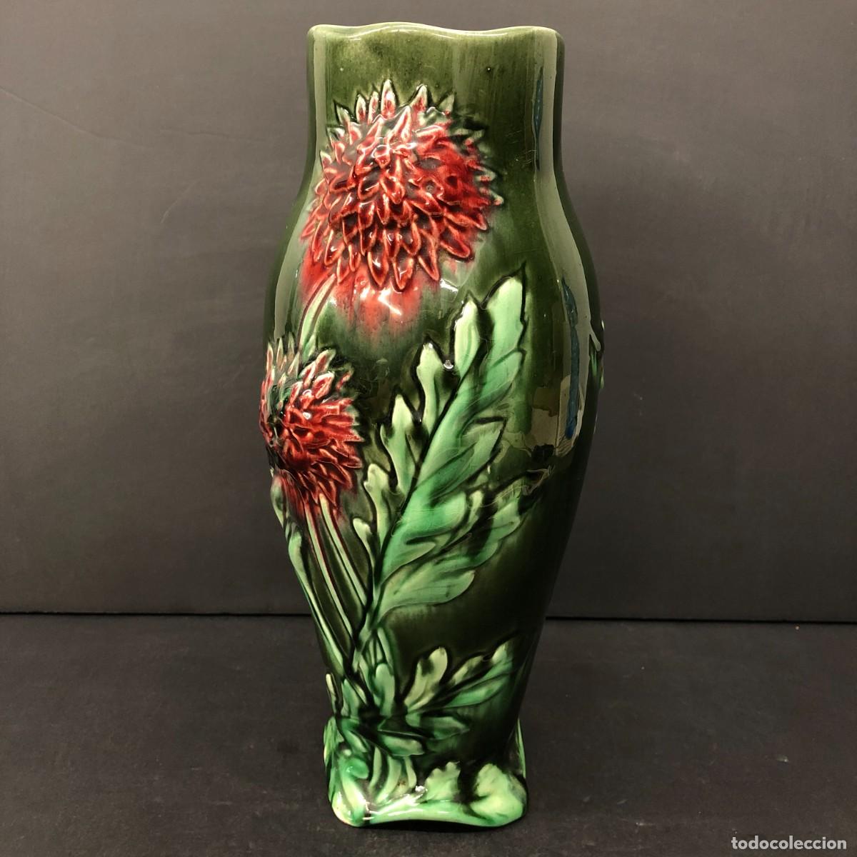 Antig&uuml;edades: PRECIOSO FLORERO MODERNISTA - CERAMICA VIDRIADA - VIOLETERO - ART NOUVEAU FRANCES - 31 CM