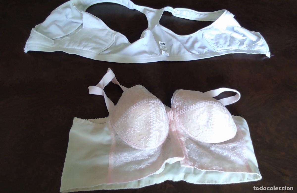 Antig&uuml;edades: LOTE 2 SUJETADORES VINTAGE - DIM DEPORTIVO BLANCO Talla 100C + SUJETADOR ENCAJE ROSA TALLE ANCHO