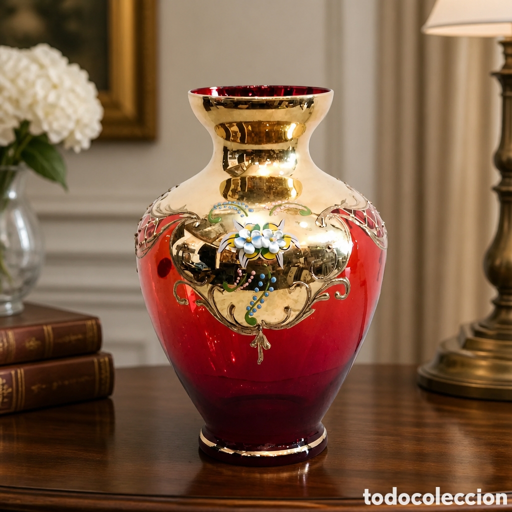 Antig&uuml;edades: JARRON FLORERO DE CRISTAL DE BOHEMIA DECORADO A MANO DISE&Ntilde;O FLORAL. 20 cm