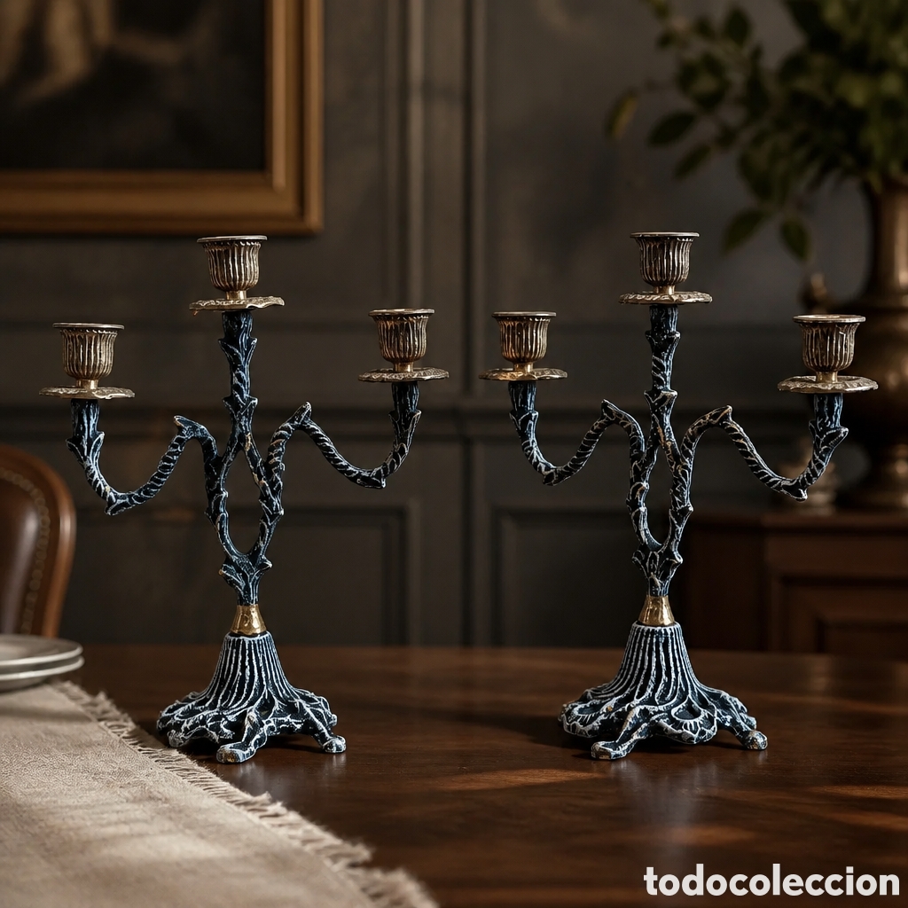 Antig&uuml;edades: PAREJA DE CANDELABROS DE 3 BRAZOS . BRONCE PATINADO . ALTURA 27 CM . ANCHO 24 CM