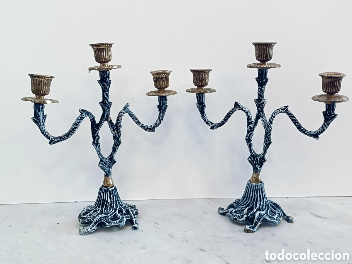 Antig&uuml;edades: PAREJA DE CANDELABROS DE 3 BRAZOS . BRONCE PATINADO . ALTURA 27 CM . ANCHO 24 CM